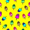 Seamless pattern with popsicle illustration with sprinkle on yellow background. ice cream stick with many flavors. hand drawn vect Royalty Free Stock Photo