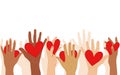 Volunteers, social workers, ordinary people hold hearts in their palms. Unity,