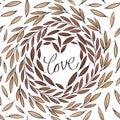 Doodle hand drawn little leaves with love text