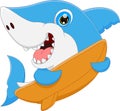 Cartoon cute shark holding surfboard