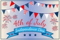 Independence day of USA. 4th july american freedom colorful blue, white, red fireworks promotional banner template with blue backg Royalty Free Stock Photo