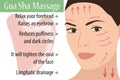 Face massage using gua sha made of natural stones. Massage lines on the girl`s face, the benefits of massage.