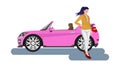 Woman in tight clothes stands beside a pink sports car Roster.