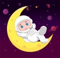 Cartoon young astronaut on the crescent moon