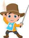 Cartoon young musketeer holding sword