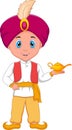 Cartoon little aladdin holding his magic lamp