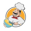 Cartoon logo of a happy chef preparing meal with bowl and whisk