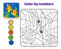 Fish in the underwater world. Color by numbers. Black and white vector illustration for coloring book with color example