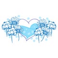 Beautiful flowers with heart and water isolated on white background. blue color, monochrome concept. hand drawn vectot. doodle art