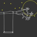 Swinging play illustration isolated on night background. hanging swing in branch with yellow stars. hand drawn vector. doodle art