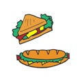 Sandwich illustration on white background. french toast with lettuce, cheese and ham. hand drawn vector. delicious fast food. dood Royalty Free Stock Photo