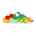 Set of fruits illustration on white background. red apple, orange sliced, star fruit, mango and avocado icon. hand drawn vector. d
