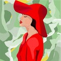 a girl in a red hat and a red dress