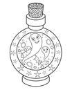 Ghosts locked in a bottle - vector linear Halloween picture for coloring. Outline. A bottle with a magic potion closed with a stop