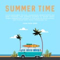 summer time teks with vintage surfer van on the road goto beach