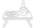 Breakfast table with a cup of coffee and a plate of cookies - vector linear illustration for coloring. Outline. The bedside table Royalty Free Stock Photo