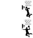 Silhouettes of basketball players with the Olympic emblem on a white background. Background for the site. Isolated objects.
