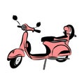 pink retro scooter passenger scooterbike, retro moped with yellow color, traffic, delivery Royalty Free Stock Photo
