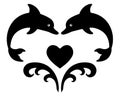 Heart of Jumping Dolphins and Waves - vector black silhouette for logo or stencil. Heart, dolphins and water splashes - a template Royalty Free Stock Photo