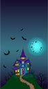 Halloween picture with a full moon, bats, pumpkins and a scary mansion on the mountain - vector smartphone wallpaper or vertical b