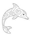 Dolphin - vector linear illustration with zentangles for coloring. Outline. Jumping dolphin - sea coloring antistress.