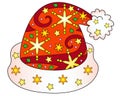 Santa Claus hat - vector Christmas full color zentangle illustration - with snowflakes and stars. Template for stained glass, bati