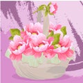 basket of pink flowers on a purple background