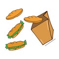 Croissant, Sandwich, and Various Bread in Paper Bag Illustration on White Background - Bakery Icon Set for Advertising