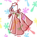 Wedding Dress Illustration: Beautiful Gown for Woman with Bow, Flower, Color Spattered - Bride Dress Design Hand-Drawn