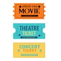 A set of tickets for a concert, movie, theater in orange, blue, yellow.