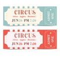 Circus ticket in red, blue in retro style. Clowns jugglers illusionists. Royalty Free Stock Photo