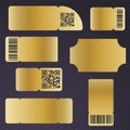 A set of blank tickets. Golden ticket layout for concert, seating, raffle, movie and coupon with barcode and QR code. Royalty Free Stock Photo