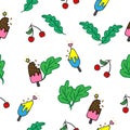 Whimsical Summer Icons: Vibrant Seamless Pattern with Green Leaves, Cherries, and Delicious Ice Cream Royalty Free Stock Photo