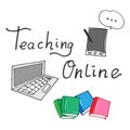 Virtual Classroom Mastery: Hand-Drawn Lettering Illustration for Online Teaching with Laptop, Smartphone, and Books. Royalty Free Stock Photo