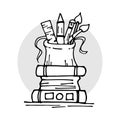 Stationery Excellence: Doodle Art Illustration Featuring Trophy Icon Amidst School Supplies for Educational Creativity.