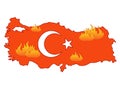 Fires in Turkey - vector symbolic image of a burning map of Turkey. Forest fires, natural disaster in the resort area Royalty Free Stock Photo