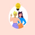 Two girls, a woman blonde, brunette came up with an idea. Lightbulb. Brainstorm. Business. Royalty Free Stock Photo
