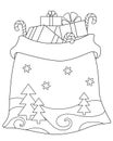 Santa Claus Gift Bag - vector linear picture for coloring. Outline. Open bag decorated with Christmas trees, snowflakes. Strongbox