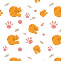 Seamless pattern of a sleeping ginger cat. Paw, mice, fish, toy, ball of thread. Pink and orange. Vector illustration Royalty Free Stock Photo