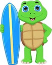 Cute turtle holding surfboard on white background