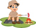 Boy Scouts Grilling Sausages While Camping