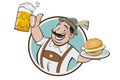 Funny Bavarian cartoon man serving Bavarian specialty bratwurstsemmel and beer