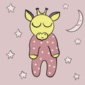 The little giraffe goes to bed, the baby giraffe goes to bed, the baby giraffe sleeps, in a polka-dot jumpsuit,with the moon, whic