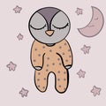 The little penguin goes to bed, the baby penguin goes to bed,the baby penguin sleeps, in a polka-dot jumpsuit ,with the moon, whic