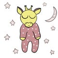 The little giraffe goes to bed, the baby giraffe goes to bed, the baby giraffe sleeps, in a polka-dot jumpsuit,with the moon, whic