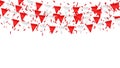 Red and white Party Flags With Confetti And Ribbons Falling On white Background. Celebration Event and Happy Birthday. Vector. Royalty Free Stock Photo