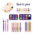 Back to school collection. Brushes, pens, pencils, palette of paints, paints in tubes, palette, strokes. School supplies