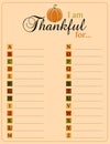 Thanksgiving thankful list. I`m Thankful for. Gratitude Card. Printable Autumn activity page.