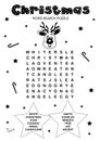 Printable Christmas word search puzzle. Worksheet about winter holidays.