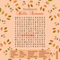 Autumn word search puzzle. Fall season crossword puzzle for children or adults.